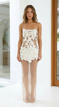 Front view of white sequin embellished sheer mesh maxi dress
