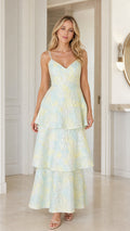 Front view of model wearing Light Blue Tiered Jacquard Maxi Dress