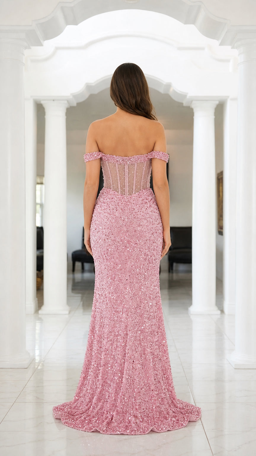 Back view of pink sequin evening gown