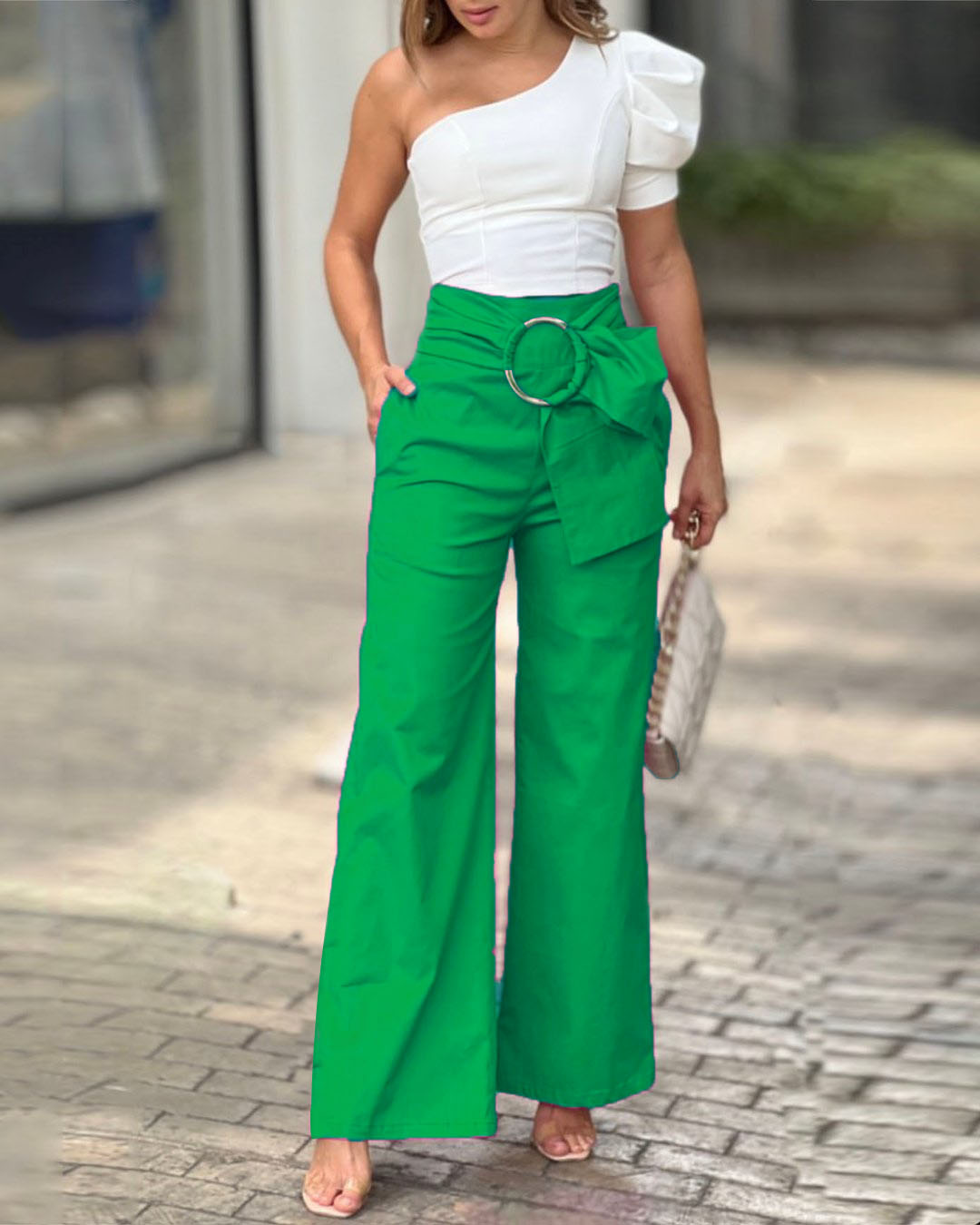 One-shoulder puff sleeve two-piece set