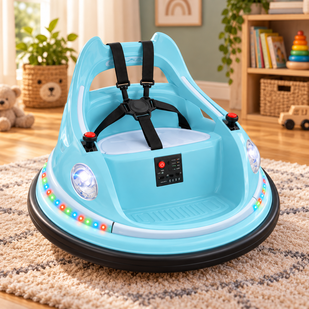 🚗🎮 360° Kids Electric Bumper Car – Dual Joysticks, Parent Remote, Safety Harness & LED Lights ✨