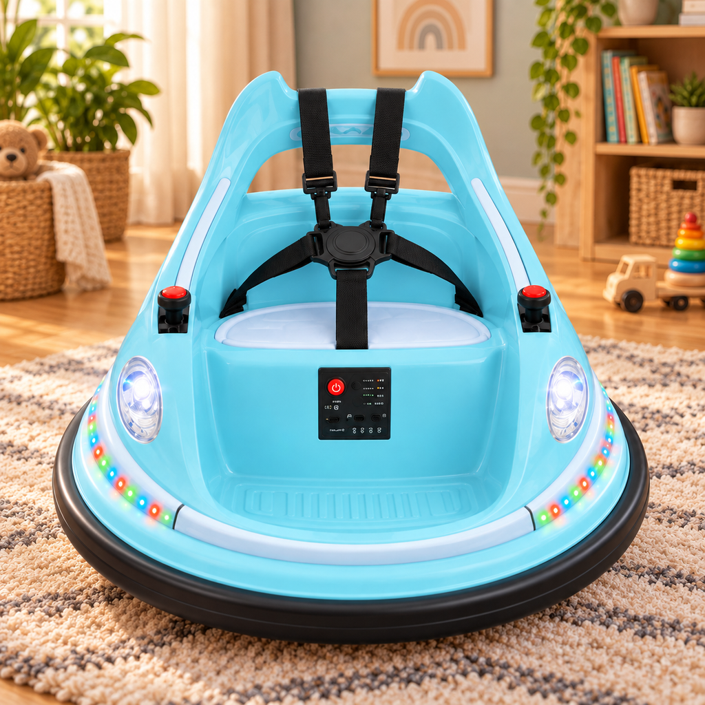 🚗🎮 360° Kids Electric Bumper Car – Dual Joysticks, Parent Remote, Safety Harness & LED Lights ✨