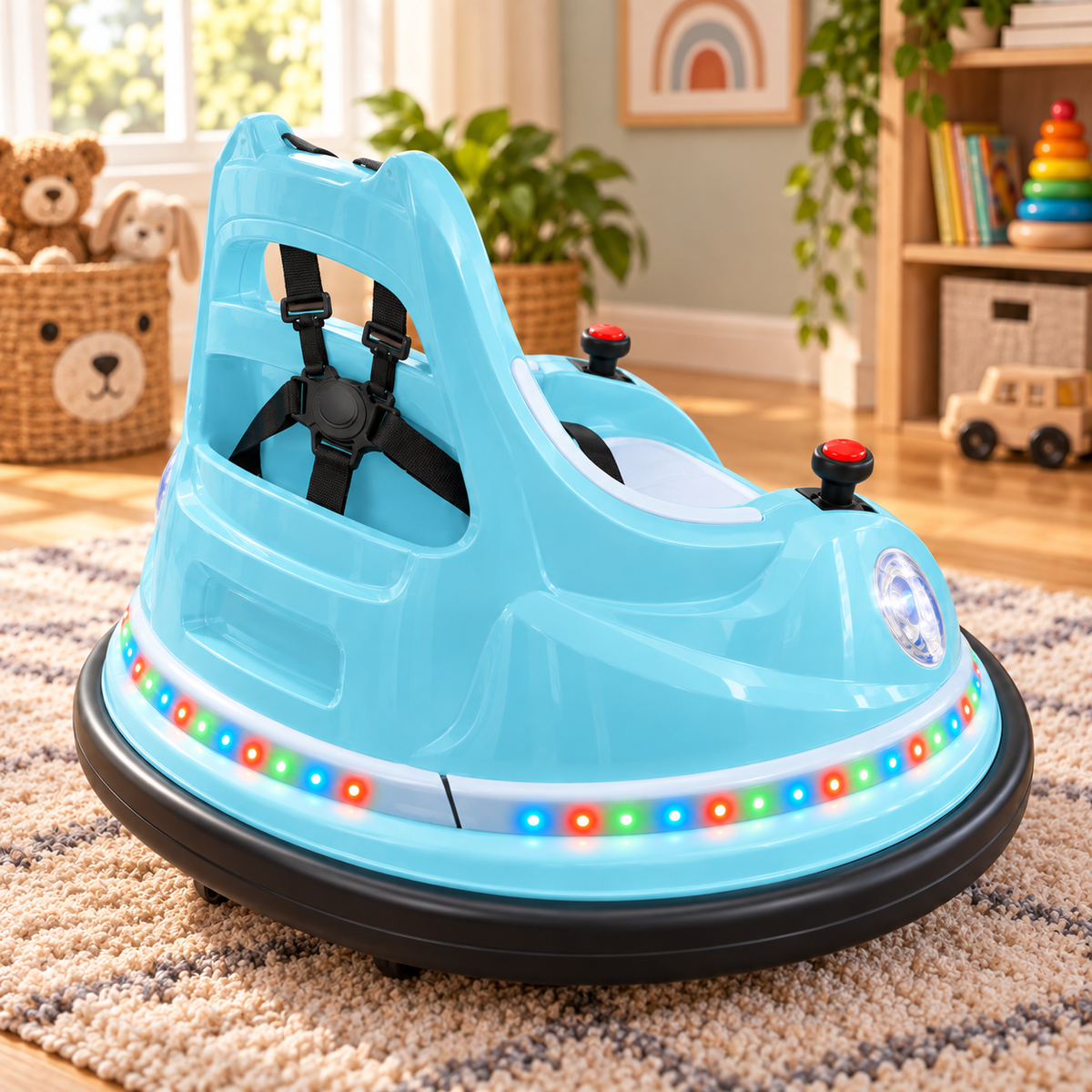 🚗🎮 360° Kids Electric Bumper Car – Dual Joysticks, Parent Remote, Safety Harness & LED Lights ✨