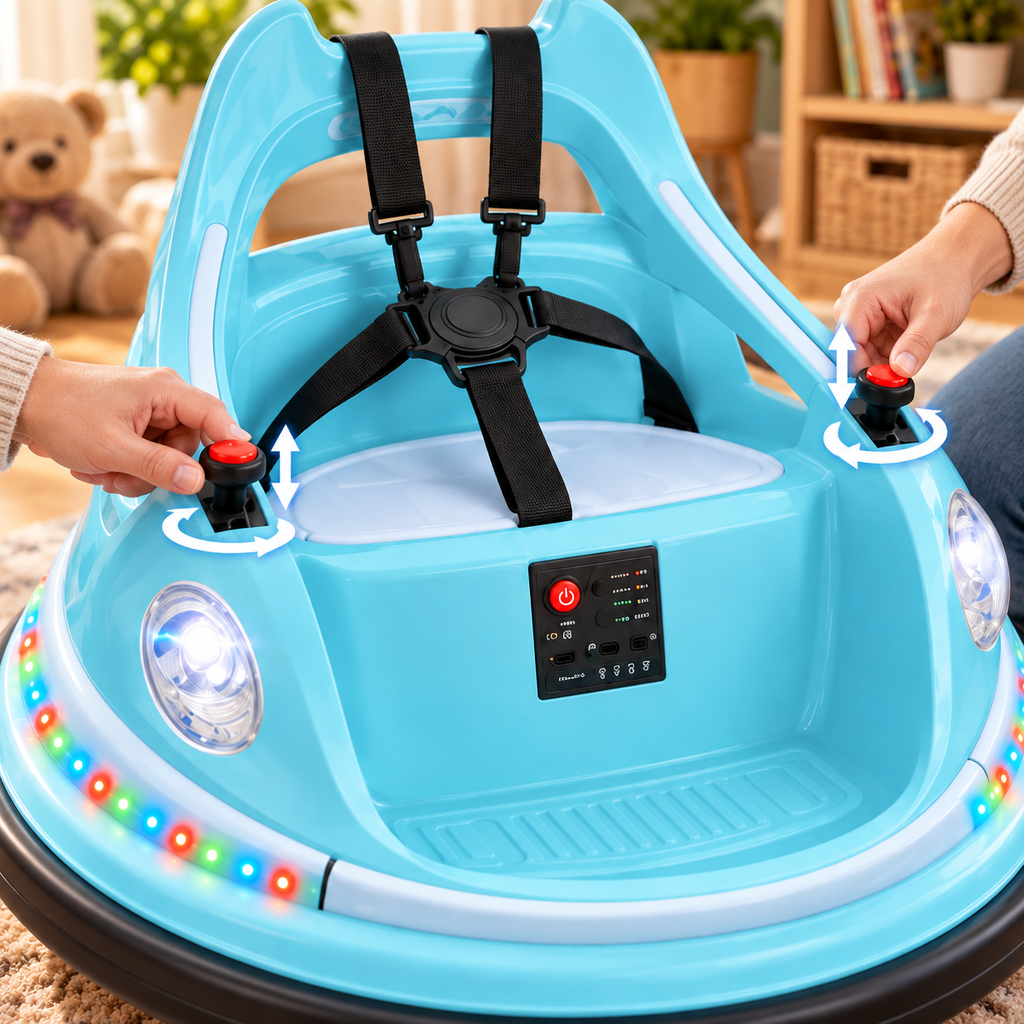 🚗🎮 360° Kids Electric Bumper Car – Dual Joysticks, Parent Remote, Safety Harness & LED Lights ✨