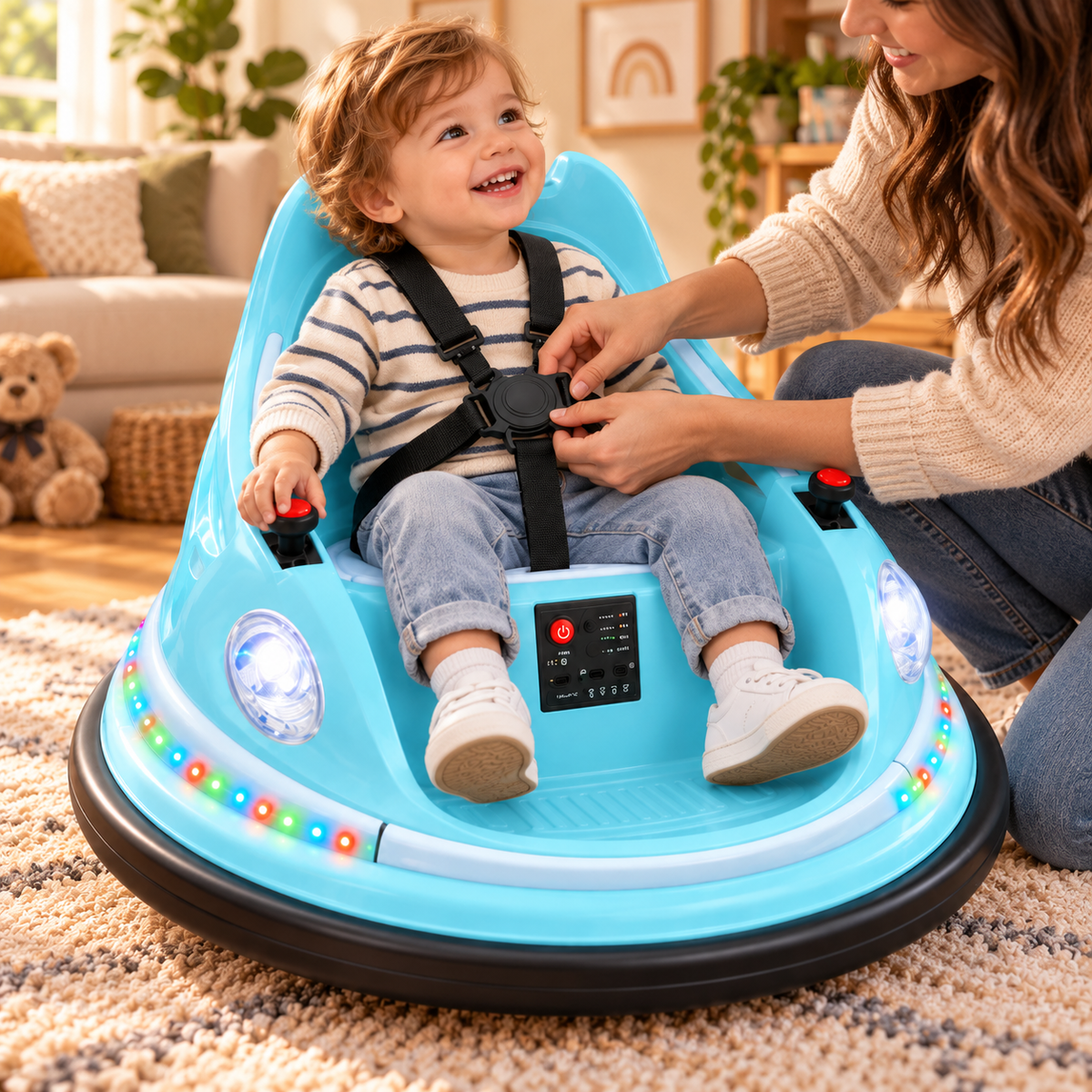 🚗🎮 360° Kids Electric Bumper Car – Dual Joysticks, Parent Remote, Safety Harness & LED Lights ✨