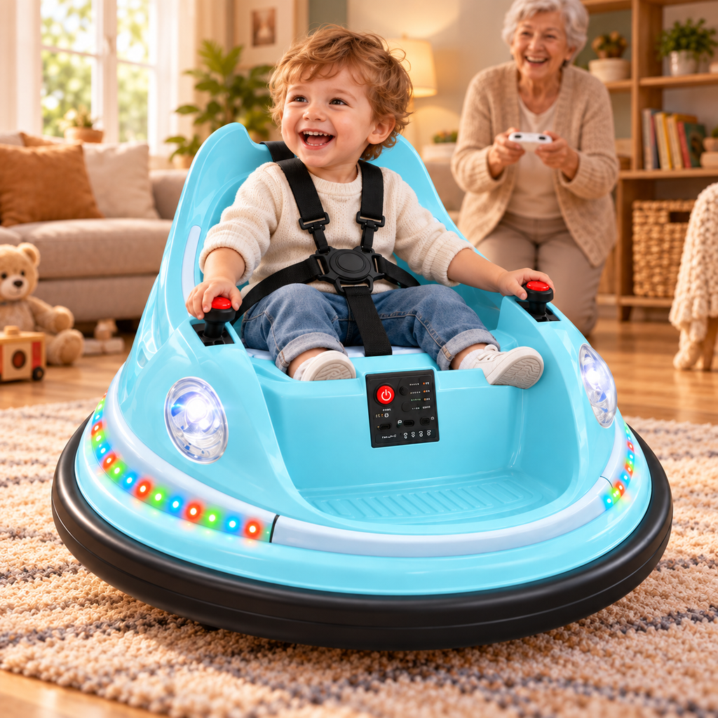 🚗🎮 360° Kids Electric Bumper Car – Dual Joysticks, Parent Remote, Safety Harness & LED Lights ✨