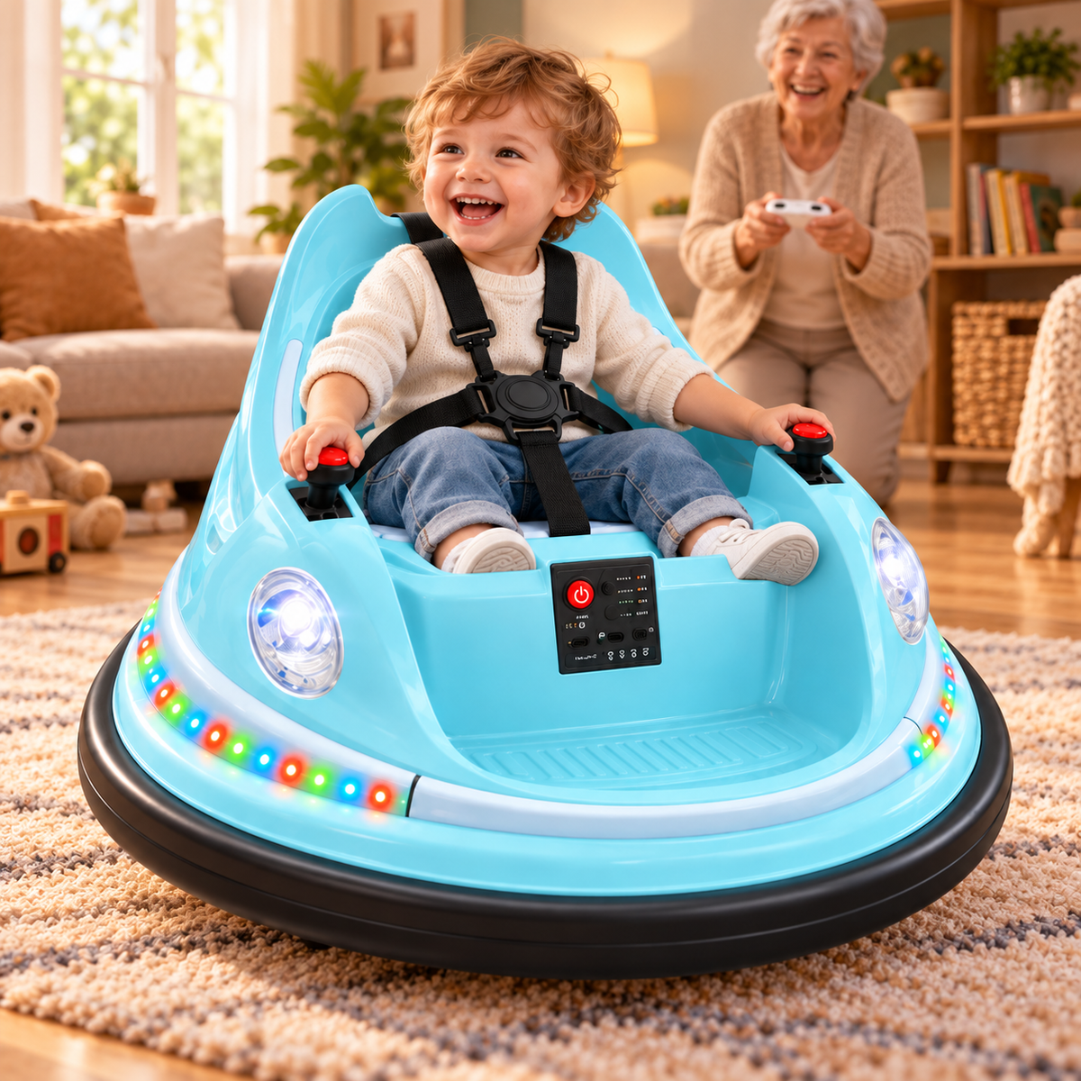 🚗🎮 360° Kids Electric Bumper Car – Dual Joysticks, Parent Remote, Safety Harness & LED Lights ✨