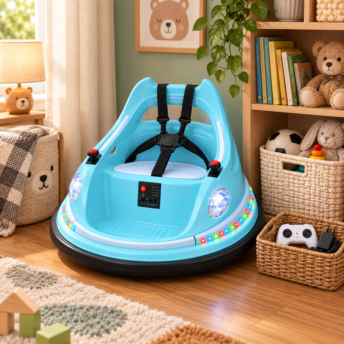 🚗🎮 360° Kids Electric Bumper Car – Dual Joysticks, Parent Remote, Safety Harness & LED Lights ✨