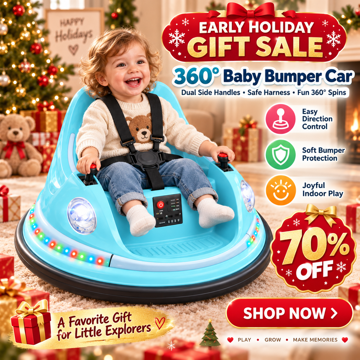 🚗🎮 360° Kids Electric Bumper Car – Dual Joysticks, Parent Remote, Safety Harness & LED Lights ✨