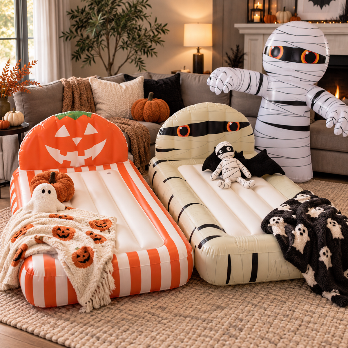 🎃🛏️ 2-Pack Halloween Inflatable Kids Air Mattress Set – Pumpkin & Mummy Beds + FREE Giant Mummy Decor 👻