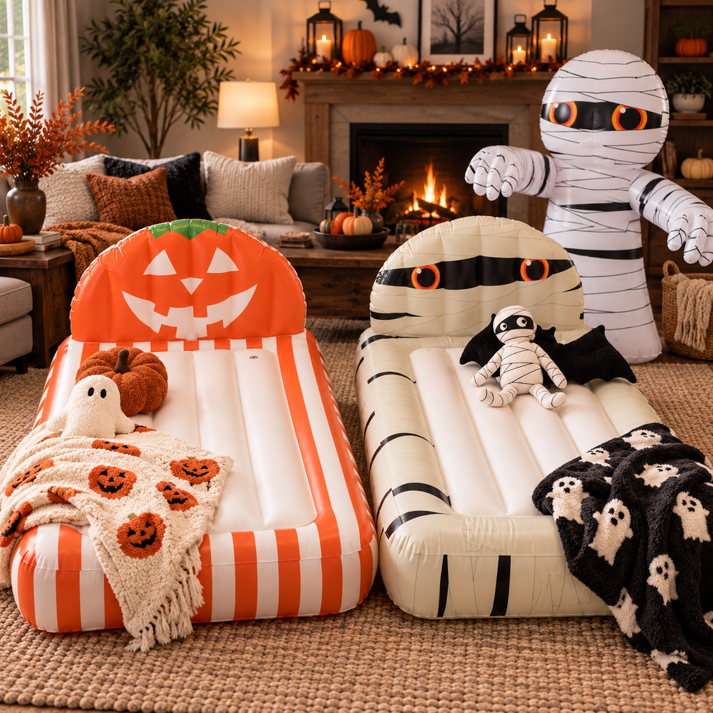 🎃🛏️ 2-Pack Halloween Inflatable Kids Air Mattress Set – Pumpkin & Mummy Beds + FREE Giant Mummy Decor 👻