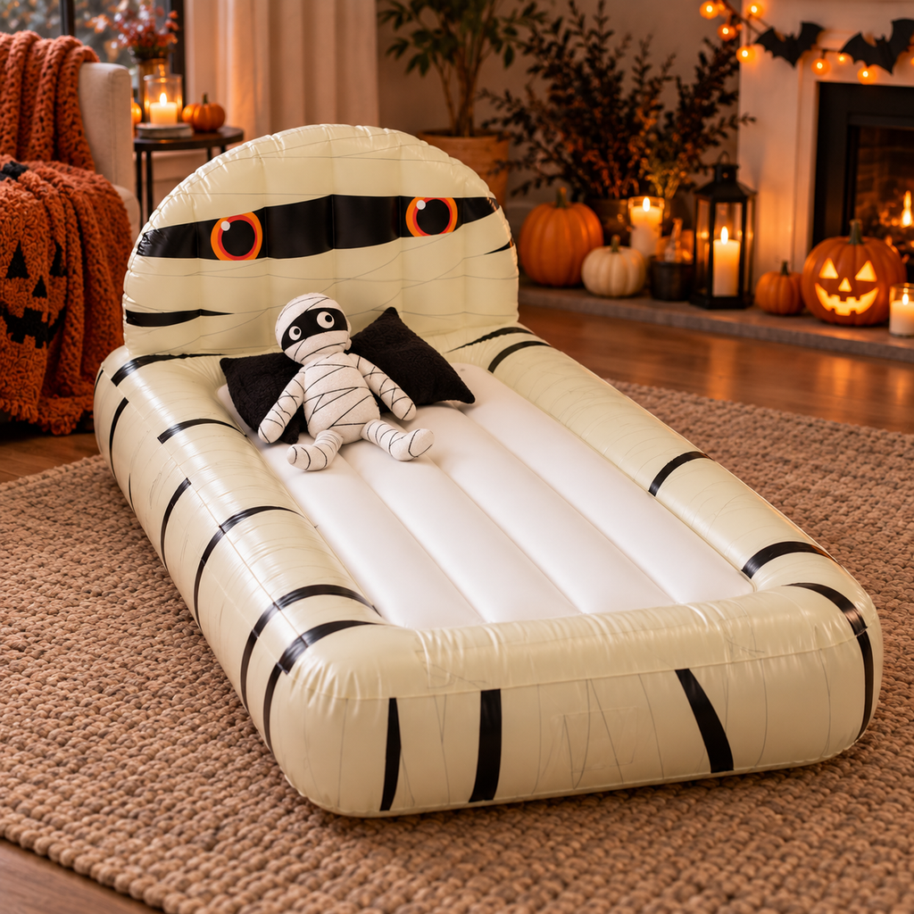 🎃🛏️ 2-Pack Halloween Inflatable Kids Air Mattress Set – Pumpkin & Mummy Beds + FREE Giant Mummy Decor 👻