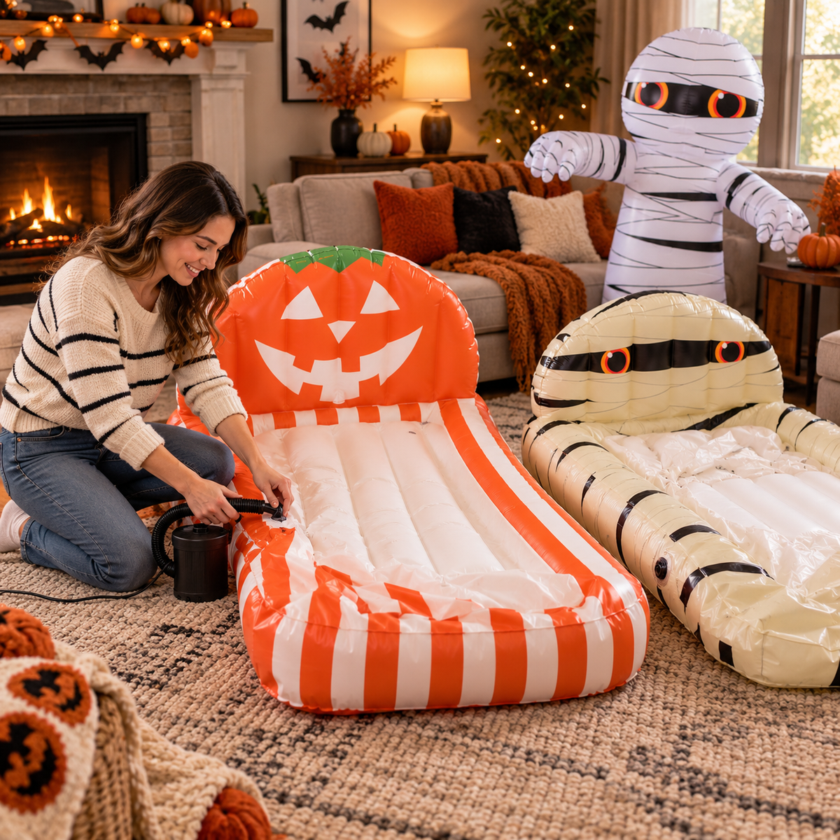 🎃🛏️ 2-Pack Halloween Inflatable Kids Air Mattress Set – Pumpkin & Mummy Beds + FREE Giant Mummy Decor 👻