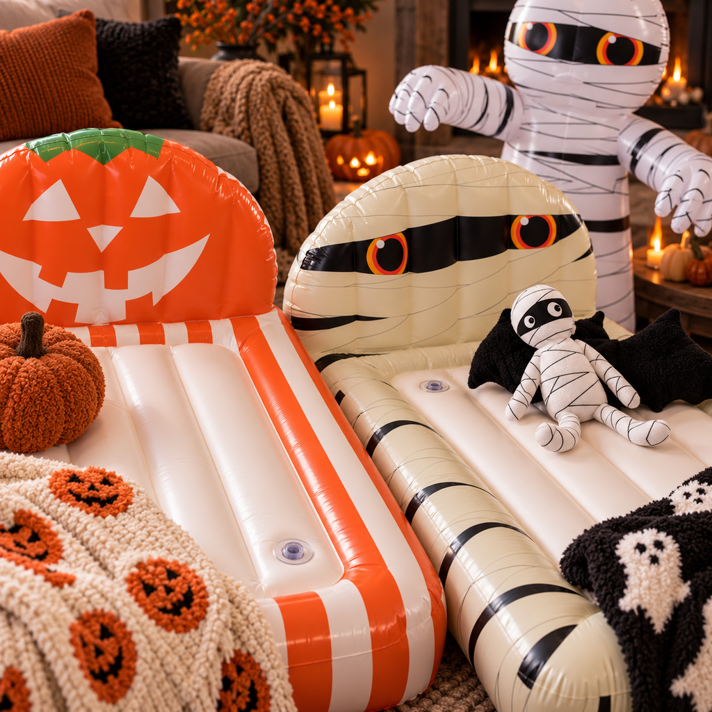 🎃🛏️ 2-Pack Halloween Inflatable Kids Air Mattress Set – Pumpkin & Mummy Beds + FREE Giant Mummy Decor 👻