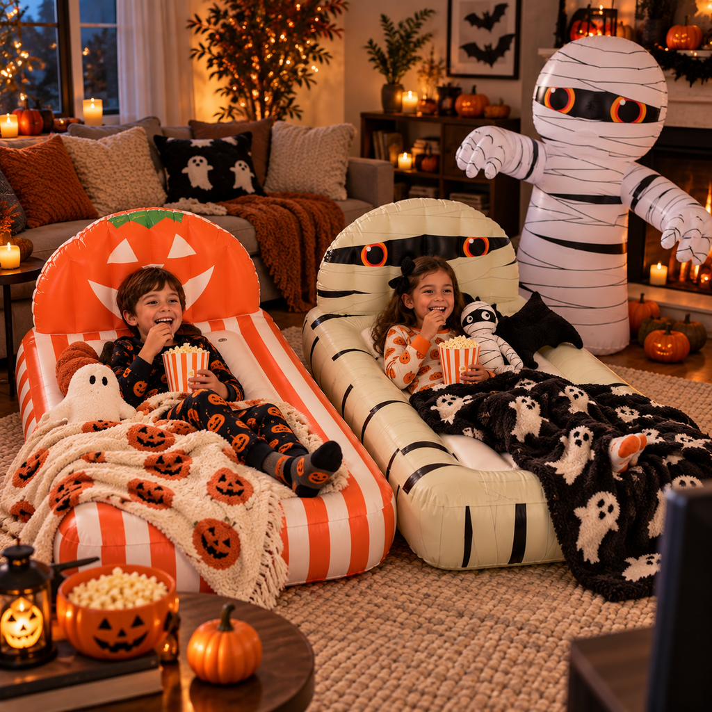 🎃🛏️ 2-Pack Halloween Inflatable Kids Air Mattress Set – Pumpkin & Mummy Beds + FREE Giant Mummy Decor 👻