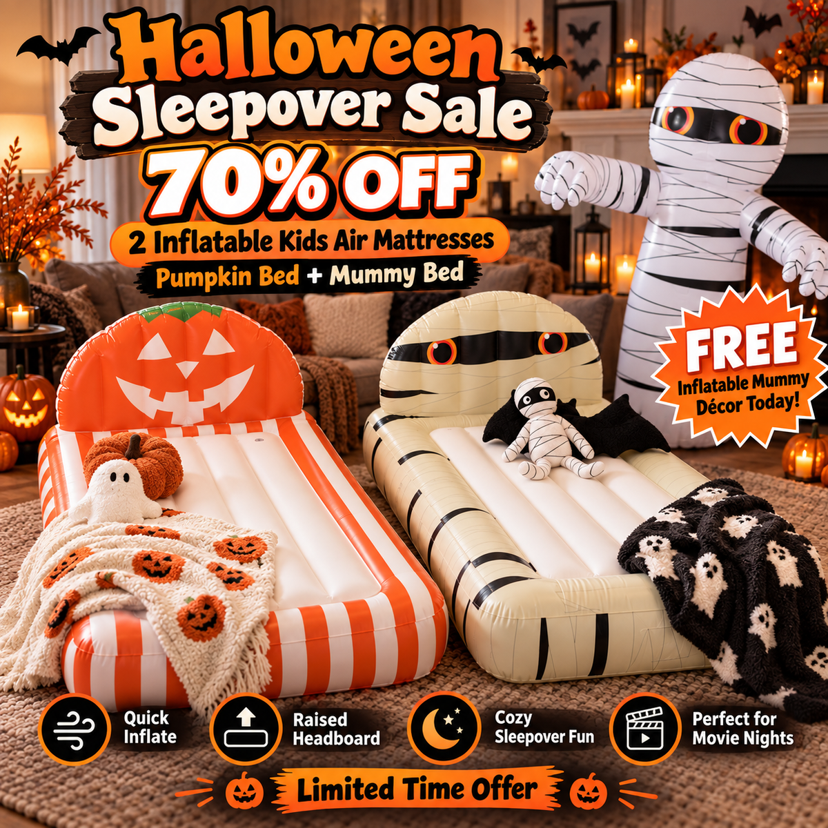🎃🛏️ 2-Pack Halloween Inflatable Kids Air Mattress Set – Pumpkin & Mummy Beds + FREE Giant Mummy Decor 👻