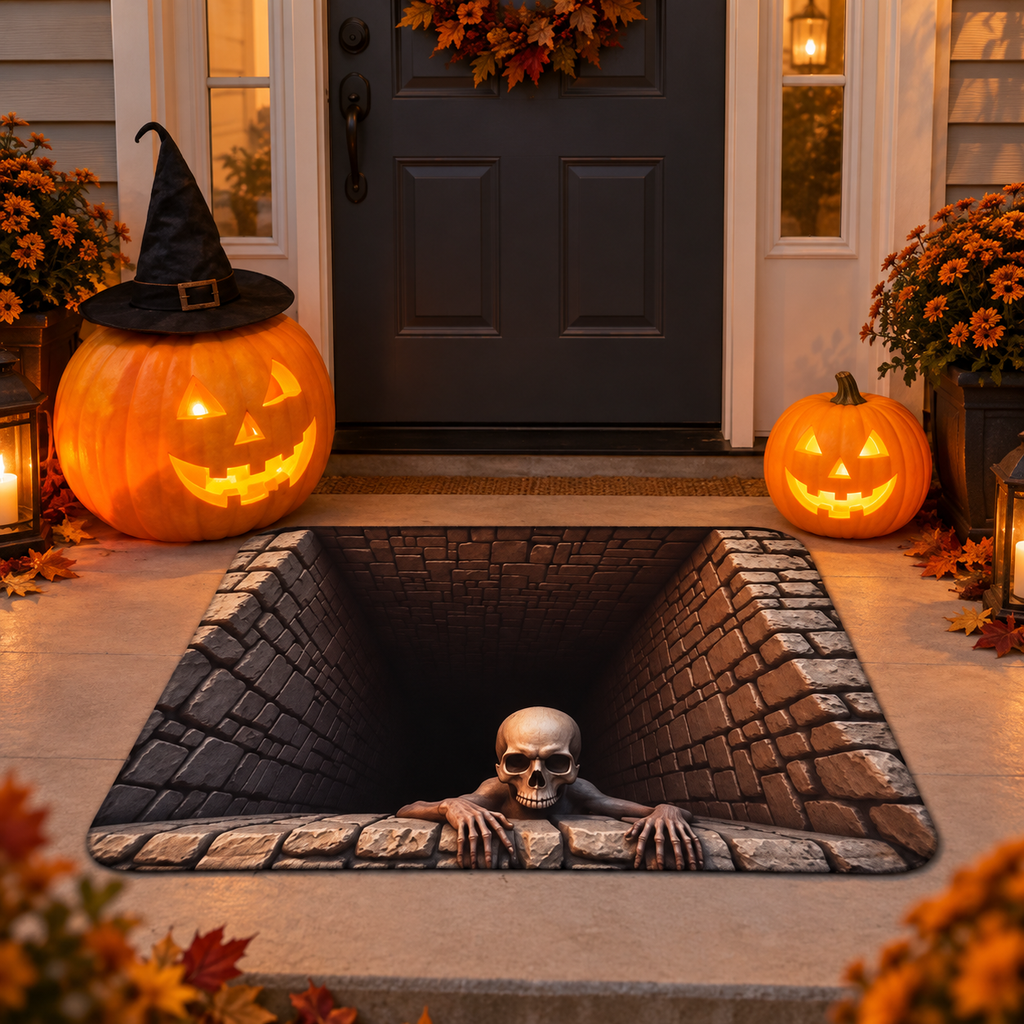 🎃💀 3-Piece Halloween Spooky Porch Decor Set – 2 Glowing Pumpkin Lamps + Anti-Slip 3D Skeleton Pit Rug 👻