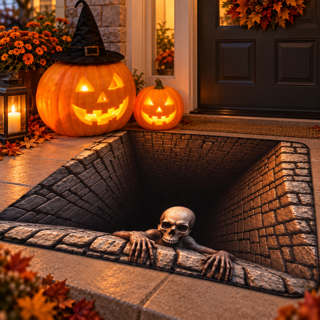 🎃💀 3-Piece Halloween Spooky Porch Decor Set – 2 Glowing Pumpkin Lamps + Anti-Slip 3D Skeleton Pit Rug 👻