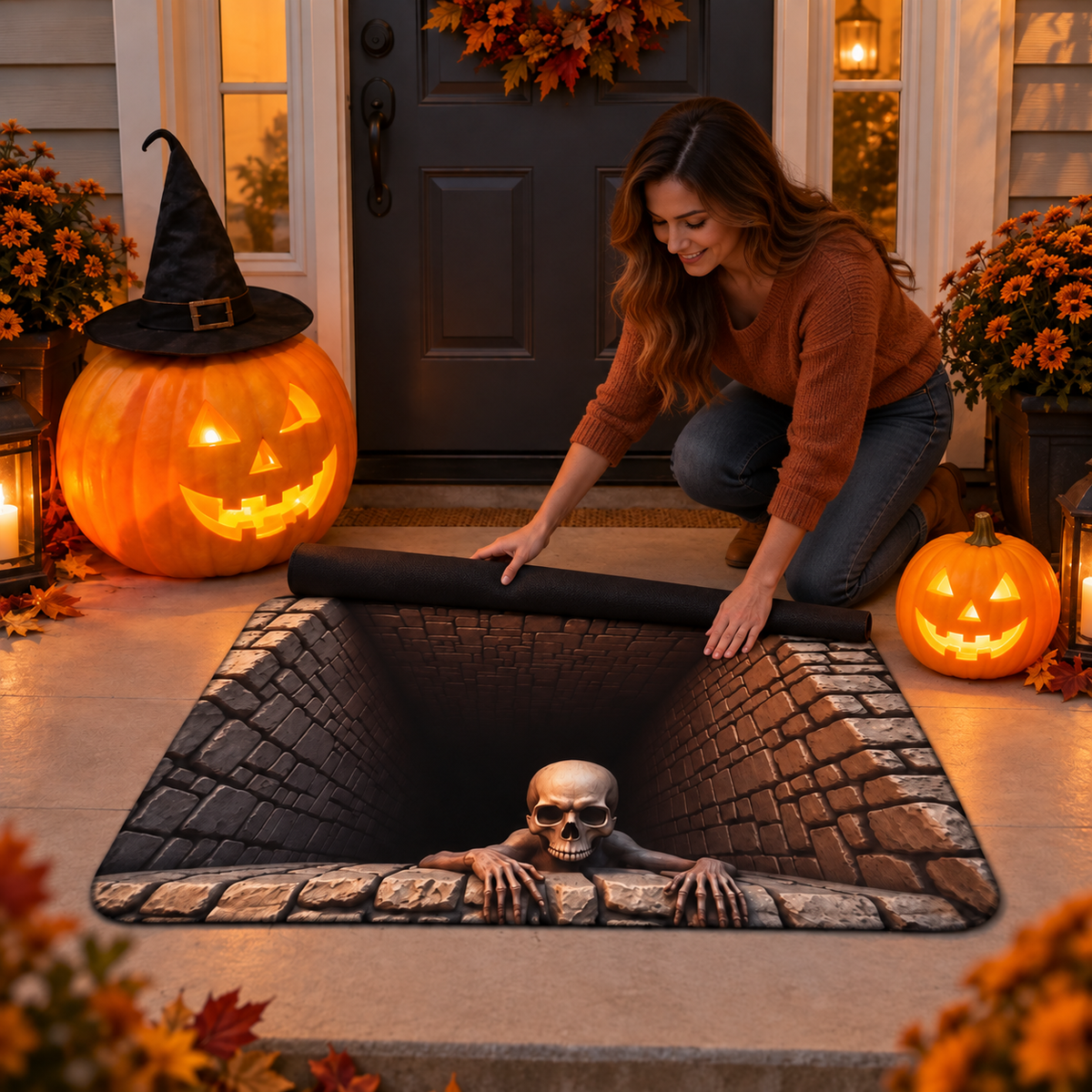 🎃💀 3-Piece Halloween Spooky Porch Decor Set – 2 Glowing Pumpkin Lamps + Anti-Slip 3D Skeleton Pit Rug 👻