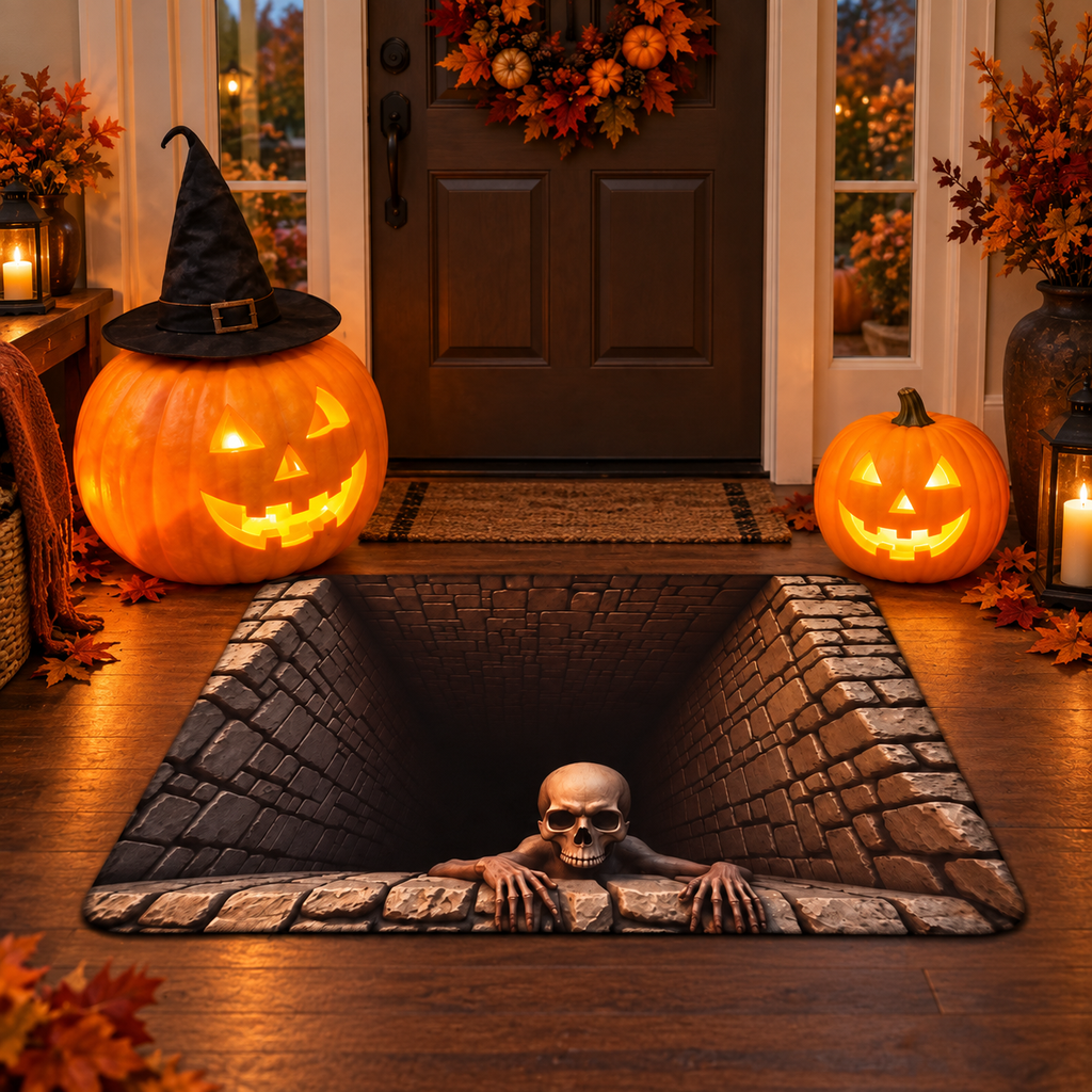🎃💀 3-Piece Halloween Spooky Porch Decor Set – 2 Glowing Pumpkin Lamps + Anti-Slip 3D Skeleton Pit Rug 👻