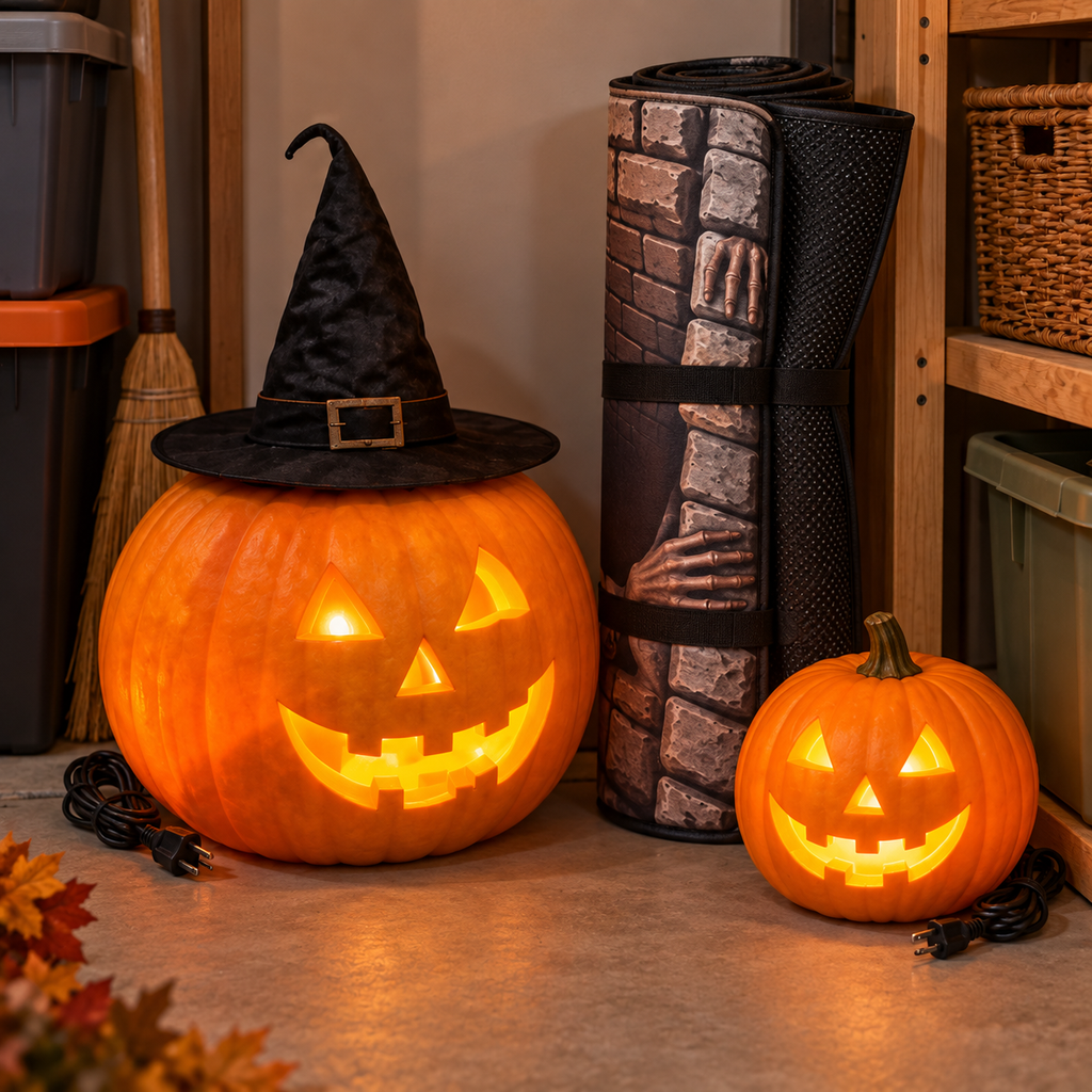 🎃💀 3-Piece Halloween Spooky Porch Decor Set – 2 Glowing Pumpkin Lamps + Anti-Slip 3D Skeleton Pit Rug 👻