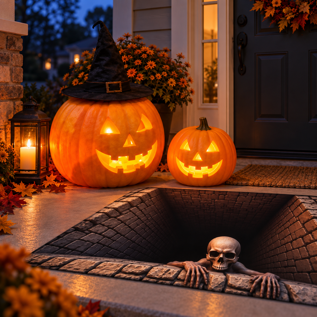 🎃💀 3-Piece Halloween Spooky Porch Decor Set – 2 Glowing Pumpkin Lamps + Anti-Slip 3D Skeleton Pit Rug 👻
