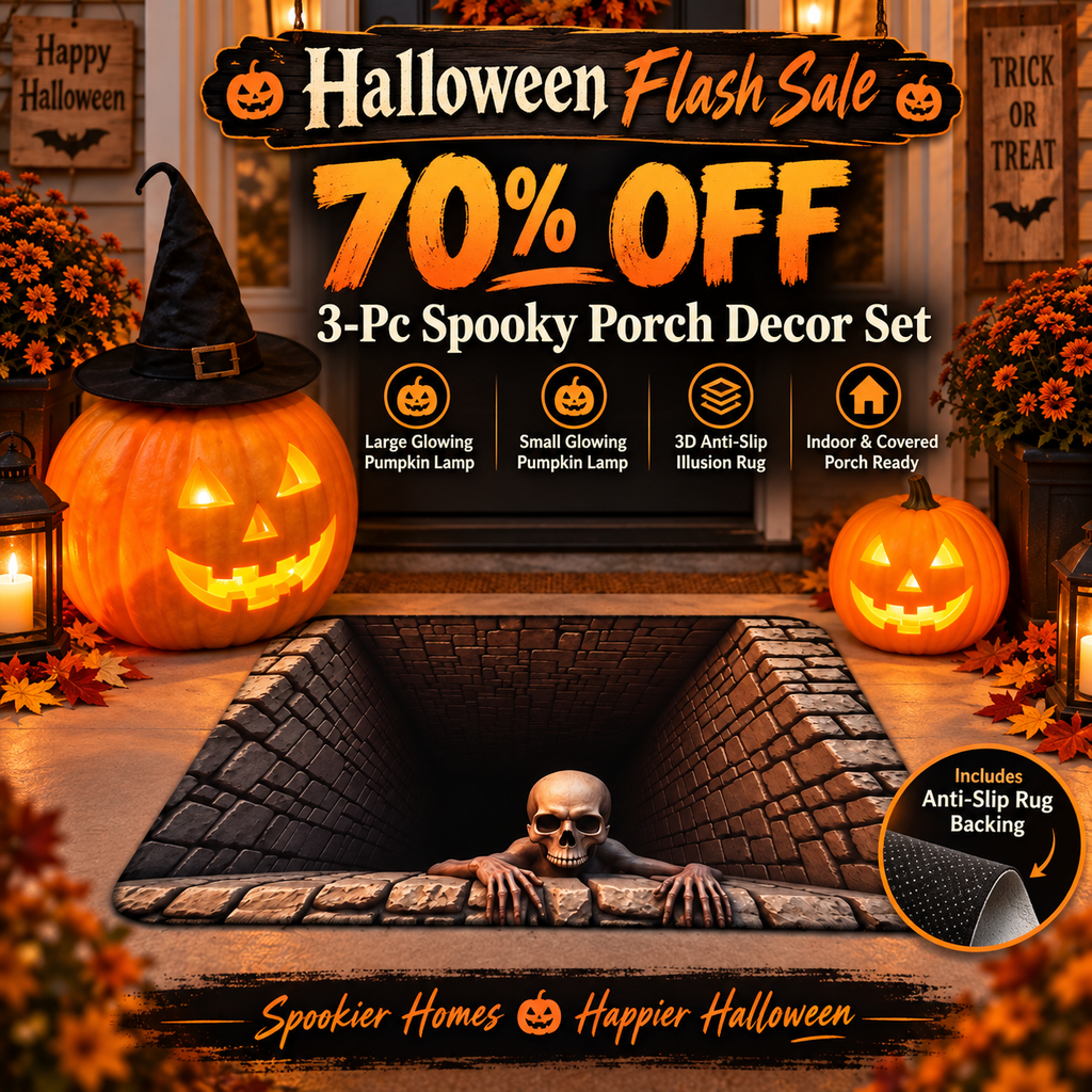🎃💀 3-Piece Halloween Spooky Porch Decor Set – 2 Glowing Pumpkin Lamps + Anti-Slip 3D Skeleton Pit Rug 👻