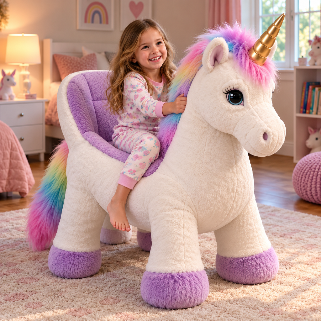 🦄 Giant Ride-On Unicorn Plush Chair ✨ Ultra-Soft Magical Kids Seat & Gift