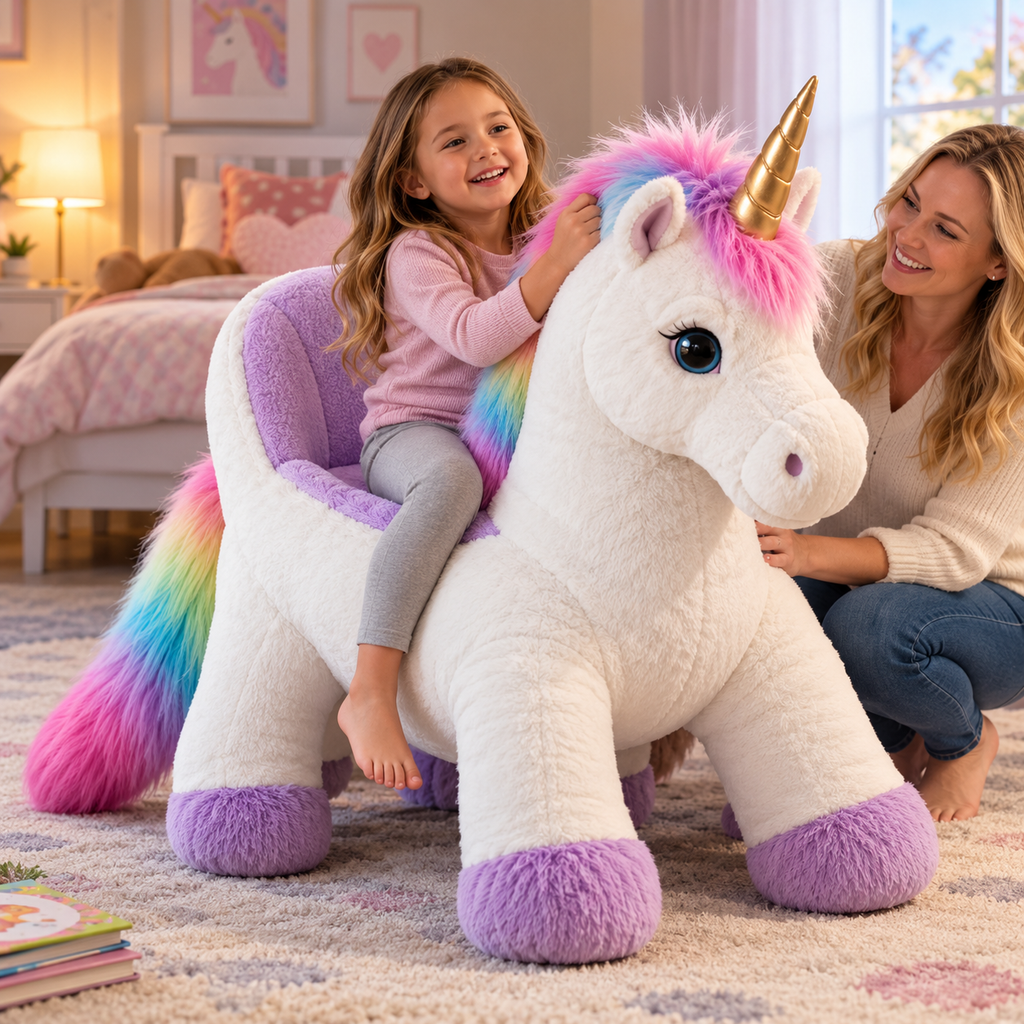 🦄 Giant Ride-On Unicorn Plush Chair ✨ Ultra-Soft Magical Kids Seat & Gift